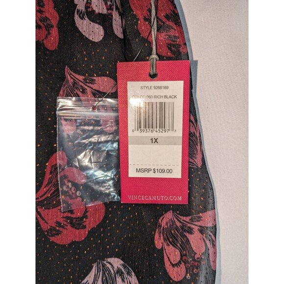 Vince Camuto Sheer Black Pink Floral Tunic Blouse Sparkle Dots Short Sleeve NWT - Picture 6 of 7